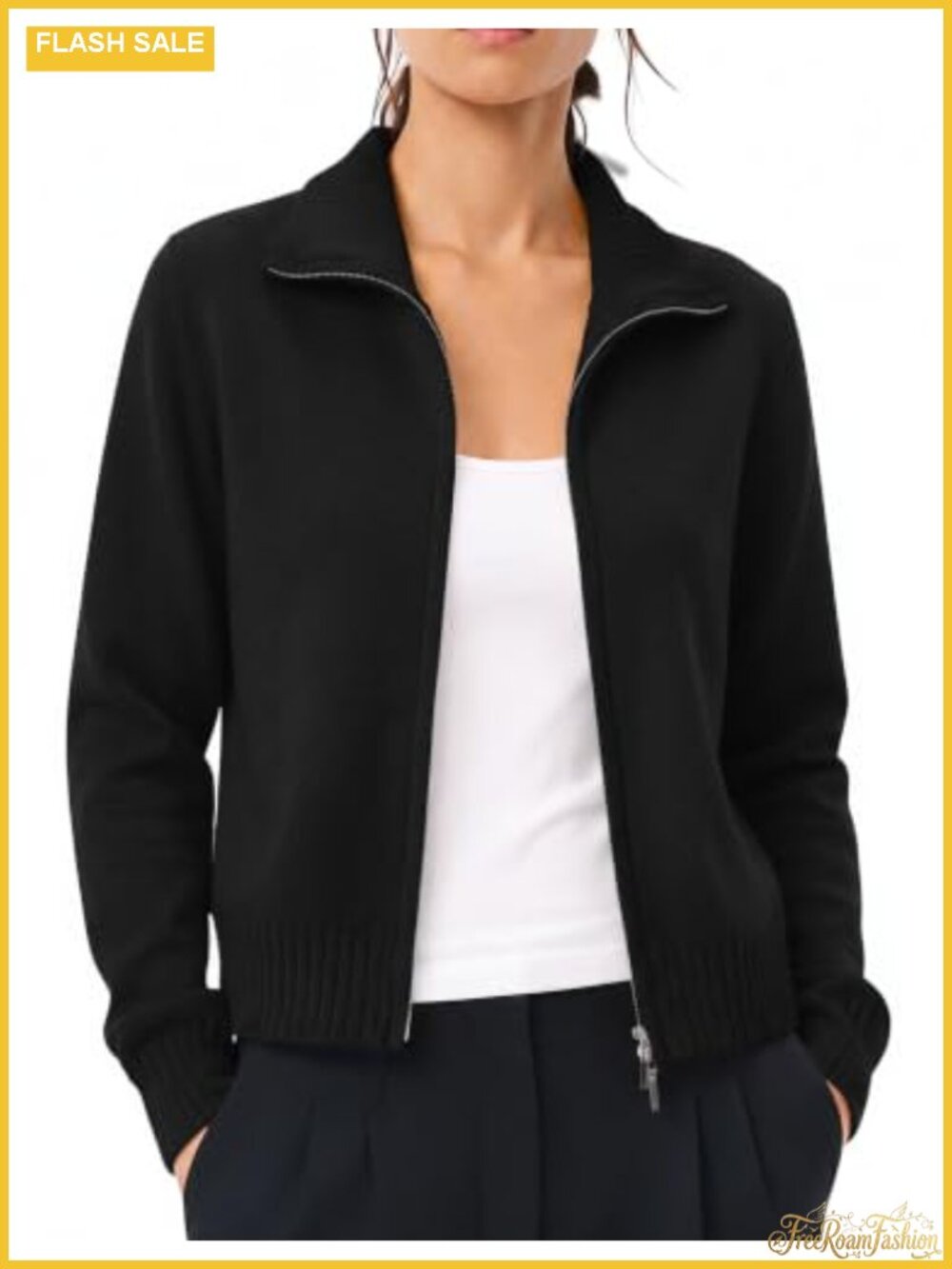 Zip Up Cardigan Sweater Ribbed Knit Cropped Jacket Mock Neck